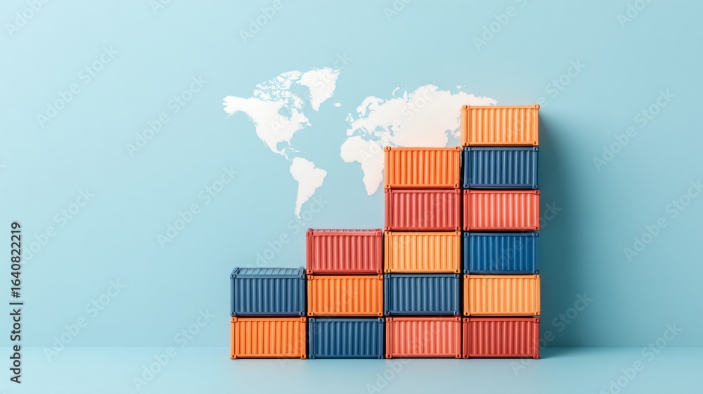 Fototapeta premium Economic growth and export market strategy with upward graph, world map and shipping containers.