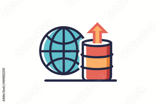 Barrel with globe and rising arrow showing global trade growth