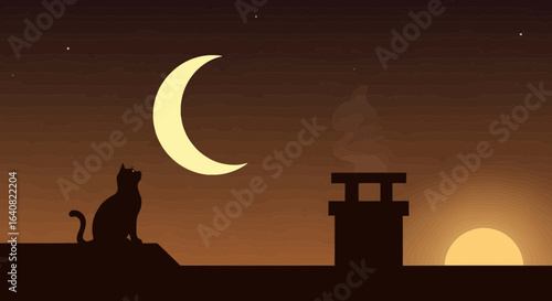 Silhouette Of A Cat On A Roof Gazing At The Moonlit Night Sky With Chimney