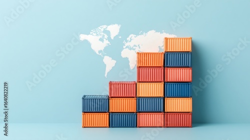 Economic growth and export market strategy with upward graph, world map and shipping containers.