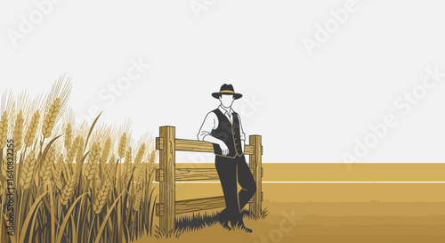 Silhouette of a faceless farmer leaning on a wooden fence in a wheat field with a modern and clean design suitable for various illustrations