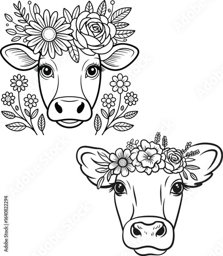 Floral Cow Face Coloring Page – Black and White Line Art with Daisy and Rose Crown