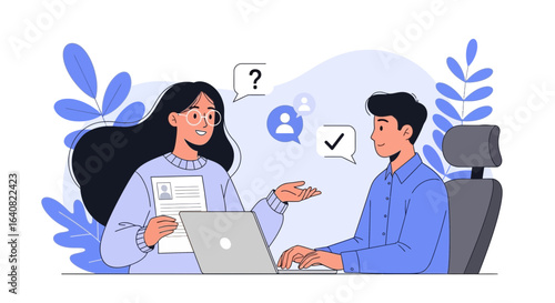 Two Young Professionals Collaborating on a Laptop In Modern Office Environment