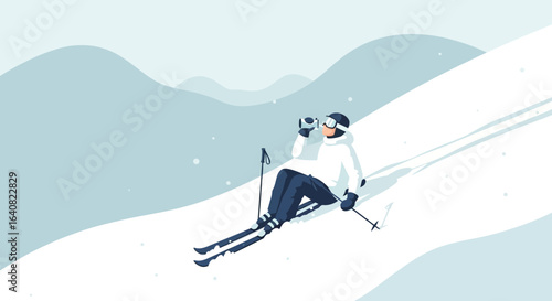 Skier takes a break to drink water on a snowy mountain with serene view during winter season
