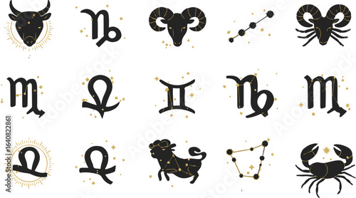 Collection of Zodiac Symbols and Constellations with Golden Stars on White Background astrology horoscope