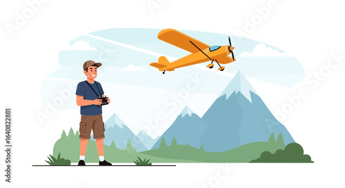 Young man controlling a radio controlled airplane hobby against beautiful mountain landscape vector illustration