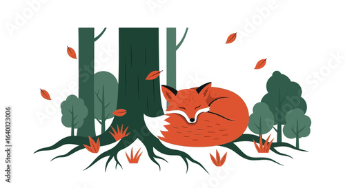 Sleeping Fox In The Autumn Forest Tranquil Scene In Natural Environment