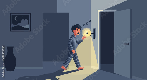 Sleepy Young Man Turns off the Light in His Room Late at Night