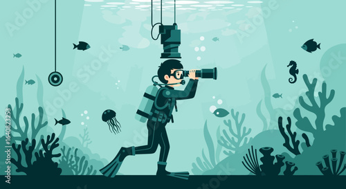 Underwater Photographer Exploring Marine Life and Coral Reefs in Tropical Ocean Adventure