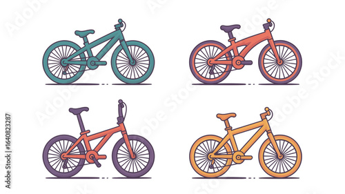 Four cartoon bicycles in different colors including green orange and red against a white background