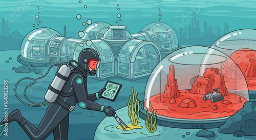 Underwater Research Station Exploring Marine Life and Simulated Martian Environments