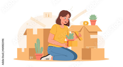 Unpacking New Home Bliss Young Woman Relocating with Plants in Cardboard Boxes