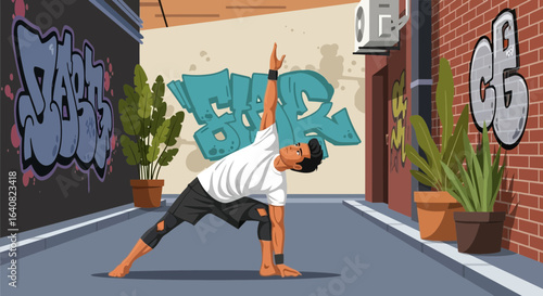 Urban tranquility a man practices yoga amidst graffiti-covered walls and potted plants