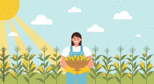 Smiling Woman Holding Corn Harvest From Her Organic Field Farm