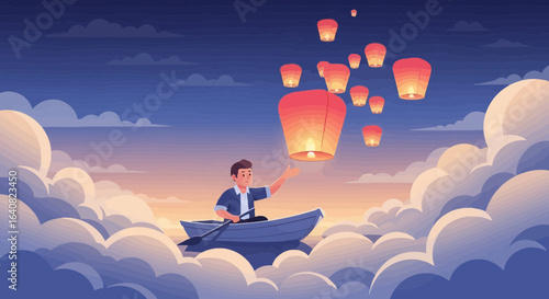 Young Man Sending Sky Lanterns From a Boat Surrounded by Clouds at Twilight