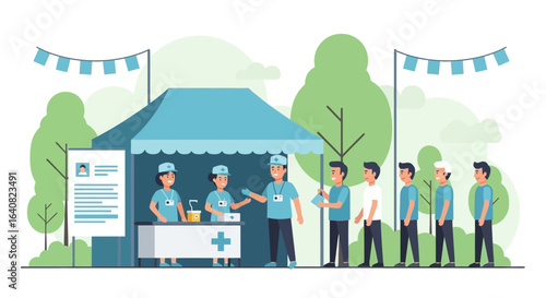 Vaccination in public park with medical staff administering vaccine to people waiting in line for health protection