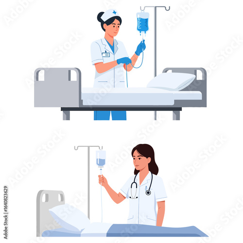 Two nurses preparing IV drips near hospital beds wearing medical attire.