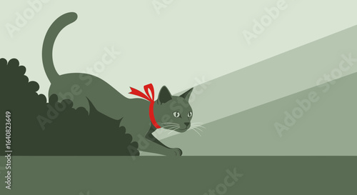 Vector illustration of a gray cat with a red bow sneaking out of the bushes on a light green background