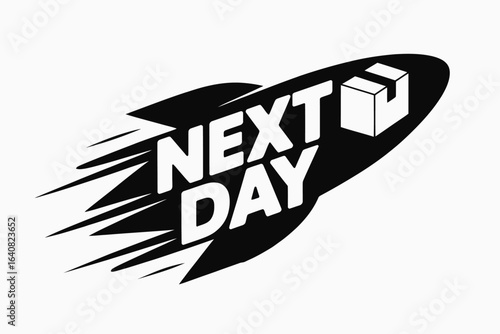 Next day delivery logo with a rocket shape and a box at the top right corner in black and white