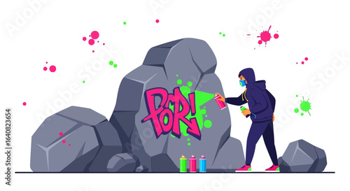Vector illustration of a graffiti artist spraying a rock with colorful art graffiti art graffiti painting vandalism urban street art style