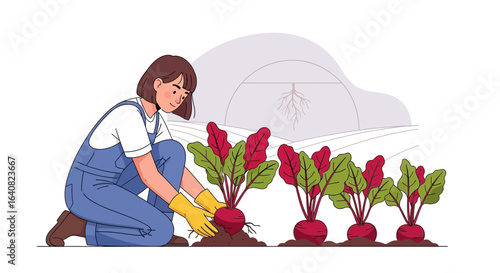 Woman Harvesting Fresh Beetroot Vegetables In An Organic Farm Field Illustration