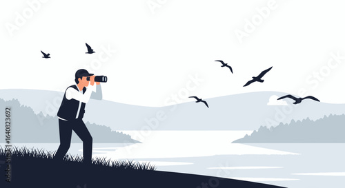 Vector illustration of a man birdwatching with binoculars near a lake with birds flying in the sky creating a serene scene