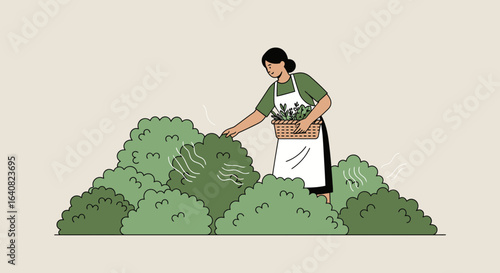 Woman Harvesting Herbs From Green Bushes In Garden With Basket Full Of Fresh Greens
