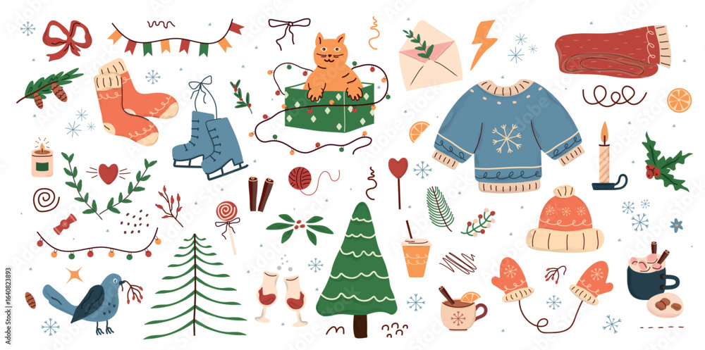 Fototapeta premium concept winter, pattern, Fir tree, stars, dots, snow, line drawing. Holiday design elements are isolated on white background. Simple shape conceptfor winter season cards, for party poster, banner 