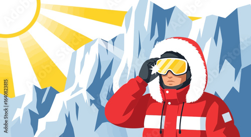 Vector illustration of a skier or mountaineer in winter gear against a mountain range