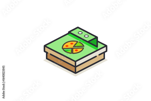 recyclable pizza box with slice and green recycle