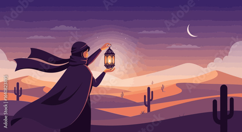 Woman In Desert Holds Glowing Lantern Under Crescent Moon In Desert Scene