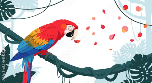 Vibrant Macaw Perched on Branch Among Tropical Foliage and Falling Petals