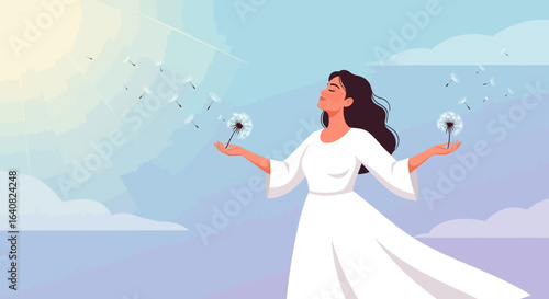 Woman in white dress holding dandelions, feeling peaceful and free in nature with blowing seeds and bright sun illustration