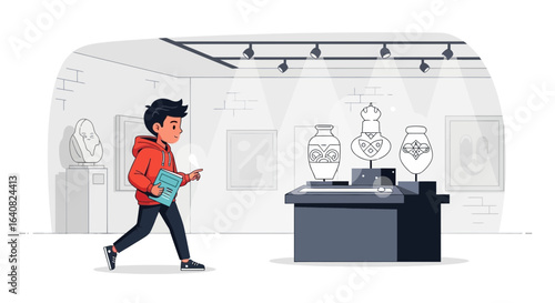 Young visitor exploring art exhibits in a museum illustrated with an artist style