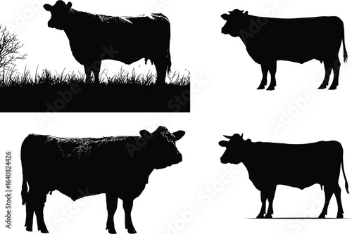 Black cattle silhouette, farm animals EPS