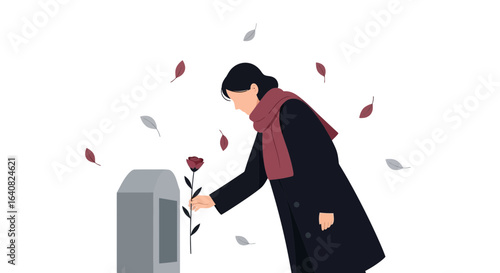 Woman Mourning Loss Placing Rose On Grave Remembrance Illustration Design