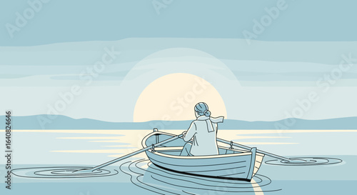 Woman On a Boat Rowing Towards the Horizon at Sunrise In a Calm Lake