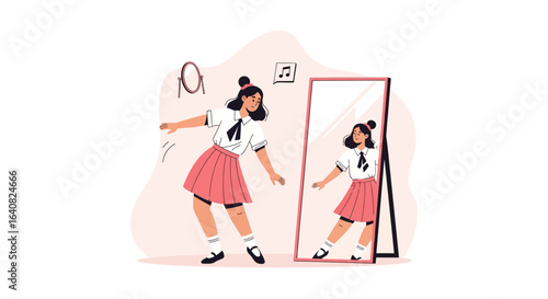 Young woman dancing in front of a mirror enjoying her reflection and music happiness self-love carefree moment cartoon