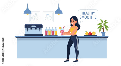 Young woman enjoys a healthy smoothie at a juice bar for a refreshing beverage experience