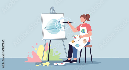 Woman Painting Planet On Canvas In Studio Creative Hobby Artwork Design
