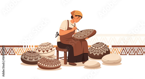 Woman Painting Pottery With Ethnic Motifs For Crafts And Cultural Heritage