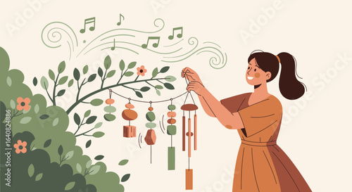 Young Woman Hanging A Decorative Wind Chime On A Tree Branch Harmony