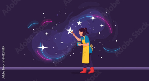 Woman Painting Stars On A Dark Cosmic Wall Creating An Imaginary Universe