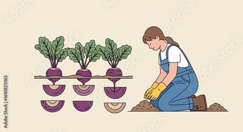 Woman Planting Organic Beets Growing Vegetables In Garden At Springtime