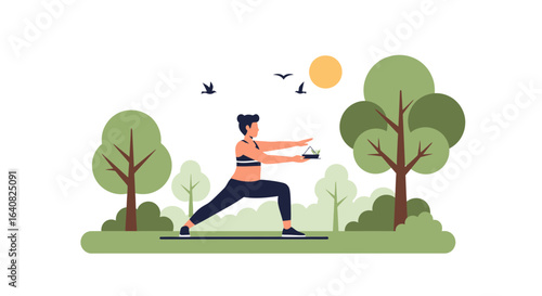 Young woman practicing yoga in nature with birds and sun in background peaceful scene