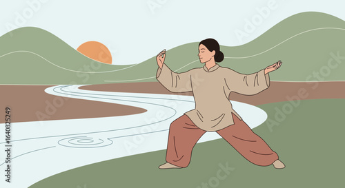Woman practicing Tai Chi near a river landscape at sunset offering a sense of peace and tranquility through meditative movement and nature's harmony
