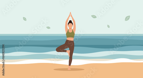 Woman Practicing Tree Pose Yoga On Sandy Beach For Wellbeing And Balance