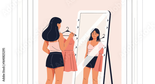 Young woman trying on clothes in front of a mirror for fashion and lifestyle  illustration with beauty and style elements