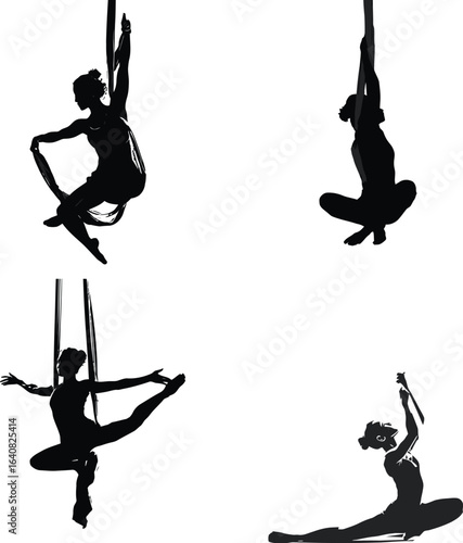 Silhouetted aerialist with silks EPS