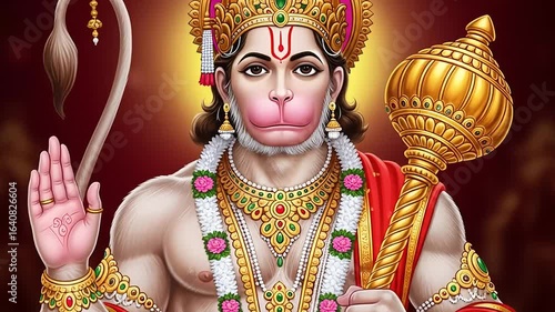 Digital Portrait of Hanuman Hindu Deity in Red and Gold Regalia with Mace and Raised Hand